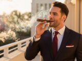 A well-dressed man enjoying a luxurious Cuban cigar on a sunny balcony. He is wearing a classy suit with a white shirt and a red tie, exuding an air of sophistication. The cigar smoke swirls around him, creating a hazy atmosphere. The background features a beautiful cityscape with a golden sunset, enhancing the relaxing and refined ambiance of the scene.