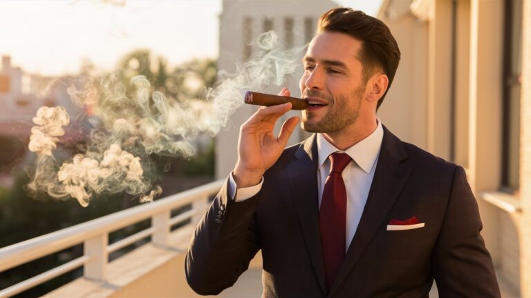 A well-dressed man enjoying a luxurious Cuban cigar on a sunny balcony. He is wearing a classy suit with a white shirt and a red tie, exuding an air of sophistication. The cigar smoke swirls around him, creating a hazy atmosphere. The background features a beautiful cityscape with a golden sunset, enhancing the relaxing and refined ambiance of the scene.